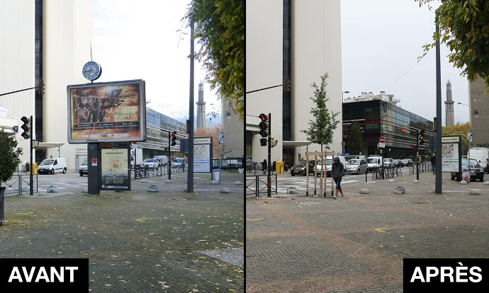 Avant après panneau publicitaire retiré dans une rue